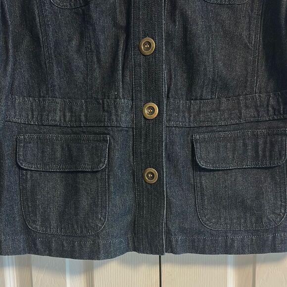 CHARTER CLUB Women’s Dark Blue Denim Collarless Button Down Jacket Size L - Picture 2 of 6